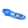 Translucent blue vibrating dildo has a realistic shape with a defined head and veins along the shaft. Silver bullet motor just below the head. Twist dial on bottom to adjust intensity. Additional images show alternate angles.