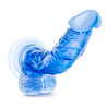 Translucent blue dildo with a realistic head and pronounced veins along the upwardly curved shaft. Suction cup base. Additional images show alternate angles.