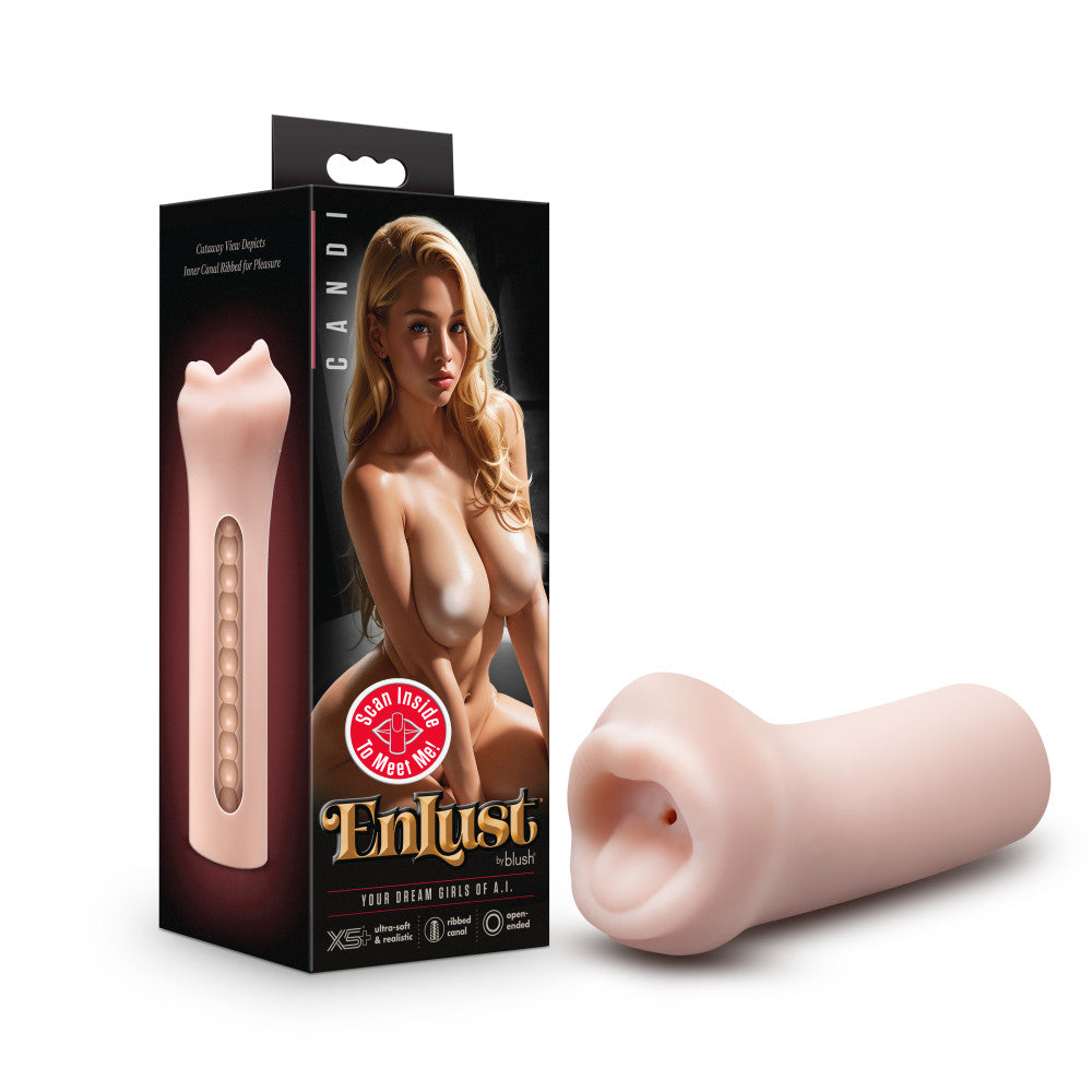 Enlust Candi AI Male Masturbator Tight & Ribbed Canal - Made With X5® Plus Ultra Soft, Realistic Oral Feel Open Ended To Fit All Sizes - Beige