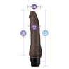 Chocolate skin tone vibrating dildo. Tapered head with veins along the shaft. Slightly thicker at base. Twist dial on bottom to adjust intensity. Additional images show alternate angles.