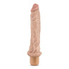 This vanilla skin tone vibrating dildo has an ultra realistic shape, with a defined head and veins along the shaft. Twist dial on bottom to adjust intensity. Additional images show alternate angles.