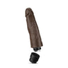 This chocolate skin tone vibrating dildo has an ultra realistic shape that offers significant girth, with a subtly defined head and veins along the shaft. Twist dial on bottom to adjust intensity. Additional images show alternate angles.