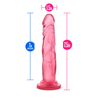 Translucent pink dildo with a slim tapered realistic head for easy insertion and subtle veins along the straight but flexible shaft. Suction cup base. Additional images show alternate angles.