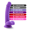 Purple dildo with realistic features. Featuring a realistic head with a pronounced lip, slim, smooth downwardly curved shaft with a slight ribbed texture on the top side just below the head. Smooth balls. Suction cup base. Additional images show alternate angles.
