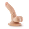 Vanilla skin tone ultra realistic petite dildo. Featuring a small head, veins along the upwardly curved shaft, and realistic balls. Suction cup base. Additional images show alternate angles.
