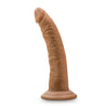Mocha skin tone ultra realistic silicone dildo. Featuring a small tapered head for easy insertion, veins along the thin, upwardly curved shaft, and a suction cup base. Additional images show alternate angles.