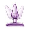 Translucent purple butt plug with a tapered tip, slim neck, and flared base. Additional images show alternate angles.