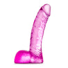 Translucent pink realistic dildo. Small tapered head for easy insertion. Many veins along the slightly upwardly curved shaft. Realistic balls. Smooth flat base. Additional images show alternate angles.