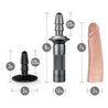 Shows silver handle with realistic dildo attachment and black lock on suction cup. Additional images show different angles. 