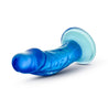 Translucent blue petite realistic dildo with rounded head that has a pronounced lip, an upwardly curved shaft with subtle veins, and a suction cup base. Additional images show alternate angles.