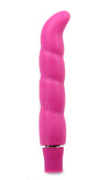 Pink slim vibrator with gentle spiral texture, curved for g spot play. Single button on bottom. Additional images show alternate angles.