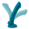 Teal semi-representational dildo. With a round head and a smooth upwardly curved shaft with subtle vertical ridges on the sides. Very small round balls and a suction cup base. Additional images show alternate angles.