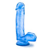 Translucent blue realistic dildo. Featuring a pronounced bulbous head, subtle veins along the straight but flexible shaft, and realistic balls. Suction cup base. Additional images show alternate angles.