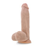 Vanilla skin tone realistic dildo. With a tapered head, subtle veins along the straight but flexible shaft, and realistic balls. Suction cup base. Additional images show alternate angles.