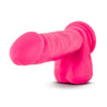 Hot pink realistic dildo. Featuring a rounded head with a pronounced lip, subtle veins along the straight shaft, and realistic balls. Suction cup base. Additional images show alternate angles.