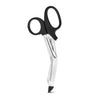 Angled silver metal scissors with blunt tips with a black plastic cap on the longer leg of the scissors and black plastic handles. Additional images show alternate angles.
