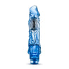 Translucent blue vibrating dildo, realistic shape with a defined head, subtle ridges below the head, and veins along the shaft. Silver bullet motor just below the head. Twist dial on bottom to adjust intensity. Additional images show alternate angles.