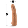 Mocha skin tone dildo featuring a tapered head for easy insertion and many veins along a slightly upwardly curved shaft. This dildo does not have a flared base. An opening at the bottom of the dildo makes it compatible with Lock On handles, harnesses, and other Lock On adapters. Additional images show alternate angles.