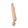 Vanilla skin tone vibrating dildo has an ultra realistic shape, with a defined but tapered head and veins along the shaft. Twist dial on bottom to adjust intensity. Additional images show alternate angles.