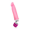 Pink vibrating dildo. Semi realistic shape with defined head and smooth straight shaft. Twist dial on bottom to control intensity. Additional images show alternate angles.