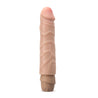 Ultra realistic vanilla skin tone vibrating dildo features a defined head and veins along the shaft. Cap on the bottom is purple and has a twist dial for adjusting intensity. Additional images show alternate angles.