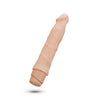 Vanilla skin tone vibrating dildo has an ultra realistic shape, with a defined but tapered head and veins along the shaft. Twist dial on bottom to adjust intensity. Additional images show alternate angles.