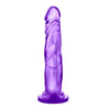 Translucent purple dildo with a slim tapered realistic head for easy insertion and subtle veins along the straight but flexible shaft. Suction cup base. Additional images show alternate angles.