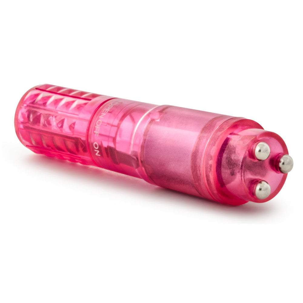 Translucent pink mini massager, cylinder shape with three rounded beads on top for focused vibration. Subtle diamond cut on bottom. Twist to open, turn on and turn off. Additional images show alternate angles.