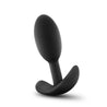 Smooth black silicone butt plug with tapered time, slim body, narrow neck and thin flared base for comfort and safety. Contains a weighted ball inside the body of the plug that moves around with the body's movement. Additional images show alternate angles.