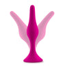 Medium pink smooth silicone anal plug. Featuring a gently tapered tip, slight bulbous shape in the slim body, a narrower neck, and a circular flared base for safety.  Additional images show alternate angles.