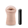 Vanilla skin tone stroker with a mouth shaped opening. Features gentle grooves on the outside for a secure grip. Ribbed internal canal for added stimulation.  Additional images show alternate angles.