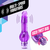 Translucent purple vibrating dildo. Semi realistic with a subtle head and smooth shaft that curves slightly at the tip. Base flares out and is round. Twist dial to control intensity. Additional images show alternate angles.