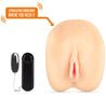 Vanilla skin tone ultra realistic stroker features a vulva with pronounced labia. Stroker has two openings, one vaginal and one anal. Features a removable corded vibrating bullet. Additional images show alternate angles.