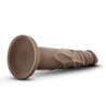 Chocolate skin tone realistic dildo with a tapered head for easy insertion. Features skin folds and veins along the straight but flexible shaft. Suction cup base. Additional images show alternate angles.