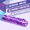 Translucent purple vibrating dildo. Defined head, straight shaft with pronounced veins. Twist dial at bottom to adjust intensity. Additional images show alternate angles.