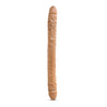 Mocha skin tone long, straight double dildo with a realistic head on either end and veins throughout the entire length.  Additional images show alternate angles.