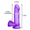Translucent purple realistic dildo. Featuring a defined rounded head, subtle veins along the straight but flexible shaft, and realistic balls. Suction cup base. Additional images show alternate angles.