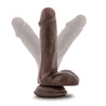 Chocolate skin tone realistic dildo. With a rounded head, subtle veins along the straight but flexible shaft, and realistic balls. Suction cup base. Additional images show alternate angles.