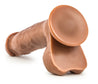 Mocha skin tone ultra realistic dildo. Featuring a defined rounded head with a  pronounced lip, subtle veins along the straight but flexible shaft, and realistic balls. Suction cup base. Additional images show alternate angles.