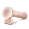 Vanilla skin tone realistic dildo. Featuring a realistic pronounced head. Veins along the straight but flexible shaft. Realistic balls. Suction cup base. Additional images show alternate angles.
