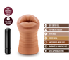 Mocha skin tone stroker with a mouth shaped opening. Features gentle grooves on the outside for a secure grip. Ribbed internal canal for added stimulation. Additional images show alternate angles.