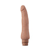 This ultra realistic mocha skin tone vibrating dildo features a very subtle head and subtle veins along the shaft. Shaft is slim and long with a slight curve. Twist dial on bottom to adjust intensity.  Additional images show alternate angles.