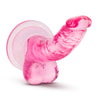 Translucent pink realistic petite dildo. Featuring a small head, veins along the upwardly curved shaft, and realistic balls. Suction cup base. Additional images show alternate angles.