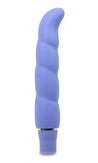 Periwinkle slim vibrator with gentle spiral texture, curved for g spot play. Single button on bottom. Additional images show alternate angles.