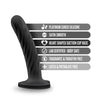 Black non representational silicone dildo. Thin dildo with a slightly tapered rounded tip and no pronounced head. Same diameter all along the shaft, which has a subtle swirl texture. Slight upward curve. Heart shaped suction cup base. Additional images show alternate angles.