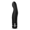 Black vibrating dildo. Abstract shape with a very pronounced curve from middle to tip and slightly tapered head. Smooth texture throughout. Twist dial on bottom to adjust intensity. Additional images show alternate angles.