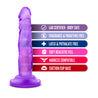 Translucent purple realistic petite dildo. Featuring a small tapered head for easy insertion and skin folds and veins along the straight but flexible shaft. Suction cup base. Additional images show alternate angles.