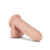 Vanilla skin tone realistic uncut dildo. Featuring a smooth rounded head covered partially by foreskin, veins along a straight but flexible shaft, and realistic balls. Suction cup base. Foreskin and rest of dildo are one piece, foreskin doesn't move or pull back. Additional images show alternate angles.