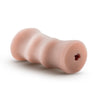 Vanilla skin tone, open-ended stroker, palm-sized, featuring small butt cheeks and an anal opening. Ribbed internal canal. Cylinder shaped body features finger grooves for secure grip. Additional images show alternate angles.