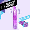 Purple vibrator. Petite size with a small round tip, variable intensities controlled by twist dial. Additional images show alternate angles.